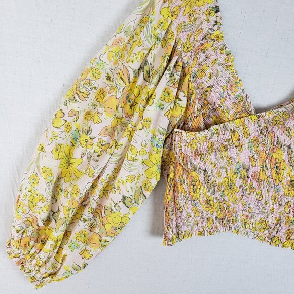 Free People East To West Smocked Top Balloon Sleeve Floral Boho Cottagecore sz M - Picture 3 of 13